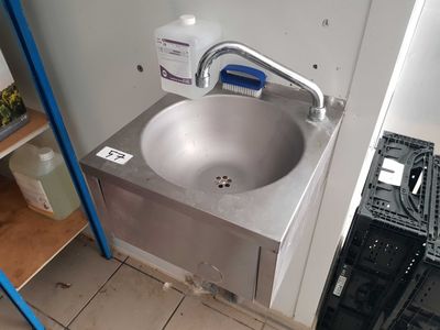 un lavabo dans un coin de la salle de bains, équipé d'un robinet