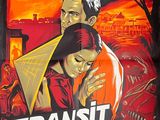an old movie poster of a man and a woman embracing in front of a city