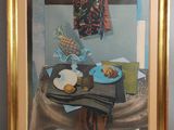 tableau représentant une table sur laquelle sont posés une assiette de nourriture et un bol de fruits