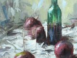 a painting of apples and a wine bottle on a table