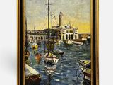 painting of a harbor scene with boats and a building in the background