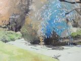 a painting of a blue tree in the middle of a field