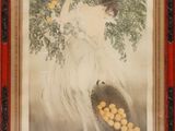 a painting of a woman holding a basket full of oranges