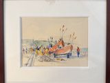 framed watercolor painting of a boat on a beach with people around it