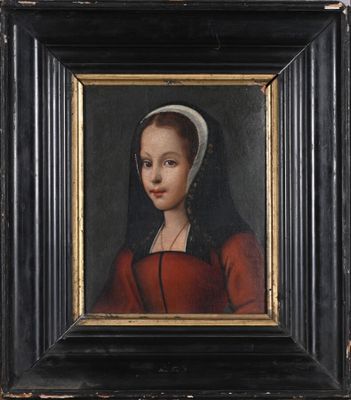un tableau représentant une femme en robe rouge avec un bandeau blanc