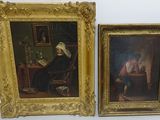 two framed paintings of a woman reading a book and a man reading a book