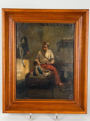 un vieux tableau représentant un homme assis sur un lit dans une chambre