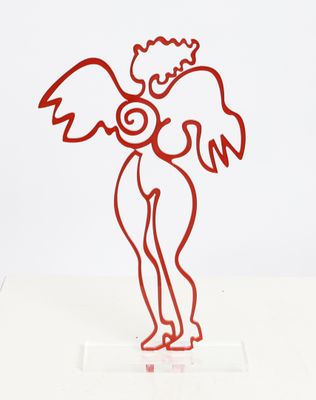 an image of a red sculpture of an angel on a white surface