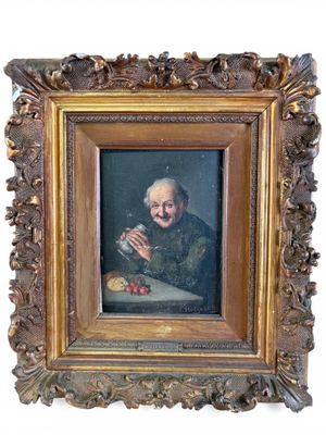 tableau représentant un vieil homme tenant un verre de vin, dans un cadre doré