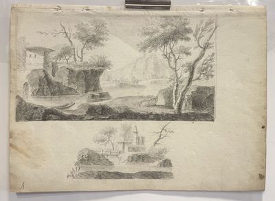 an old drawing of a landscape with a house and a river
