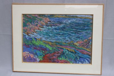 peinture représentant une peinture d'un paysage aquatique avec des rochers au premier plan