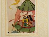 painting of a man and a woman sitting on a boat under a green umbrella