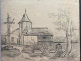 pencil drawing of a house and a tree in a rural setting