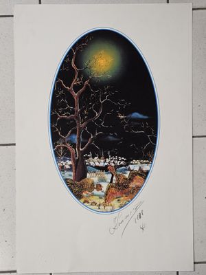 une image représentant un tableau d'un arbre dans un paysage enneigé