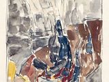 une aquarelle représentant un vase et une bouteille
