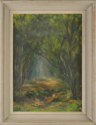 peinture à l'huile d'une scène de forêt avec un chemin au premier plan