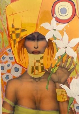 un tableau représentant une femme avec des fleurs sur la tête