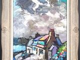 an oil painting of a house on a hill with a cloudy sky in the background