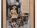 painting of a man sitting in a chair next to a table with a dog