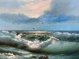 a painting of a painting of a wave coming in to the ocean