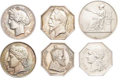 six different types of roman coins on a white background