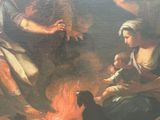 a painting of a woman and a child sitting in front of a fire
