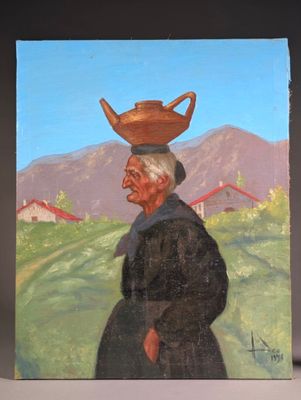 une peinture à l'huile représentant une femme portant un pot sur la tête