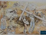 dessin représentant un groupe de personnes portant une croix dans un champ