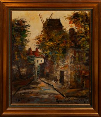 une peinture à l'huile représentant un moulin à vent dans une rue d'une ville