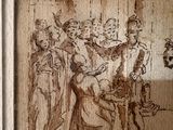 drawing of a group of people standing around a man holding a baby