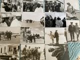 several black and white photos of men and women standing in front of an airplane