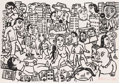 an image of a black and white drawing of a crowd of people