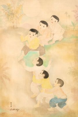 une image représentant un tableau où l'on voit un groupe d'enfants jouant avec un ballon