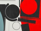 une image représentant un tableau en noir, blanc et rouge, avec un cercle rouge