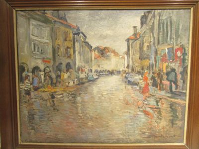 une peinture représentant une rue de la ville avec des passants marchant sous la pluie