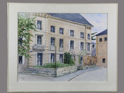 tableau représentant un bâtiment avec un portail et un arbre devant