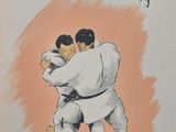 un dessin représentant deux hommes qui s'affrontent lors d'un combat d'arts martiaux