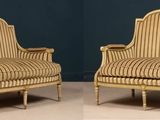 two pictures of a pair of chairs with a striped upholstered seat