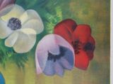 a painting of three flowers in a vase on a table
