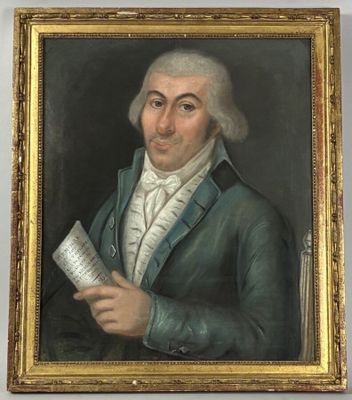 tableau représentant un homme vêtu d'un manteau bleu tenant un livre