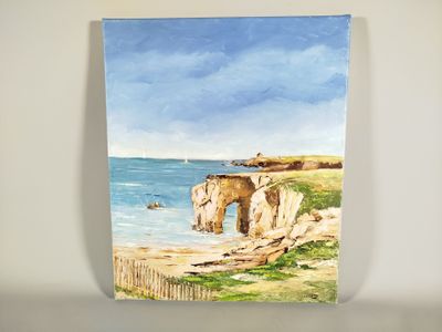 an oil painting of a beach scene with a boat in the water