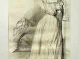 drawing of a woman in a white dress leaning against a wall