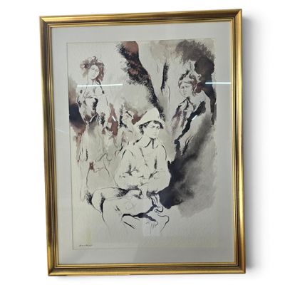 painting of a man and a woman sitting in a chair in front of a mirror