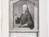 an old engraving of a man in a black coat with his hand out