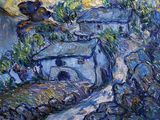 une peinture à l'huile représentant une maison sur une colline, avec un arbre au premier plan