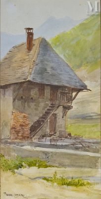an image of a painting of a small building on a hill