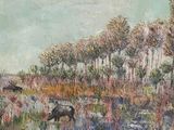 a painting of cows grazing in a field with trees in the background