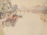 une aquarelle représentant une rivière sur laquelle naviguent des bateaux