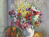 une peinture représentant un vase de fleurs sur une table