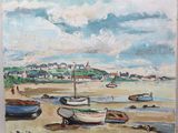 une peinture de bateaux sur la plage au bord de l'eau